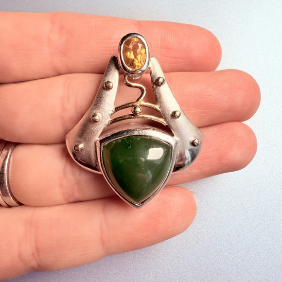 Modernist 12.15CT Jade & Citrine Sterling Silver Artisan Enhancer Slider Pendant - Picture 6 of 7